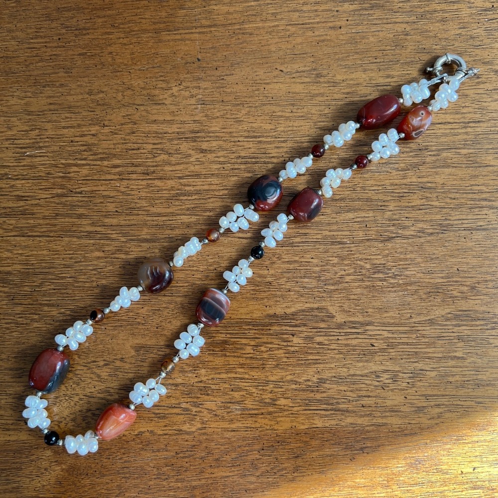 Freshwater Pearl Carnelian Necklace White Red Agate Beaded Boho Statement - Picture 4 of 9
